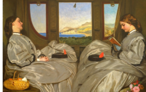 PAINTING FROM 1800s OFTWO WOMAN TRAVELERS TRAVELING ON A TRAIN